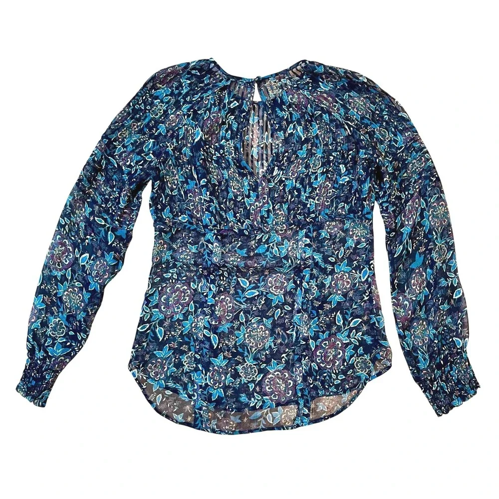 Veronica Beard Silk Floral Blouse Sz 2 Sheer Smocked Long Sleeve Boho Romantic